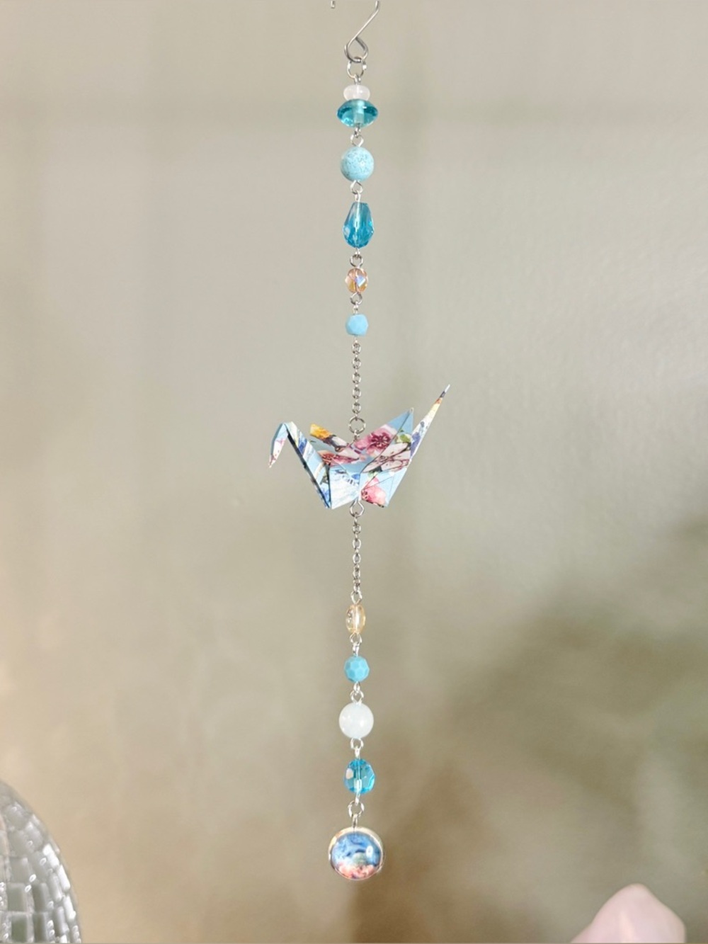 Origami Ornament #2472 - Small Crane with Repurposed Beads and Pendant